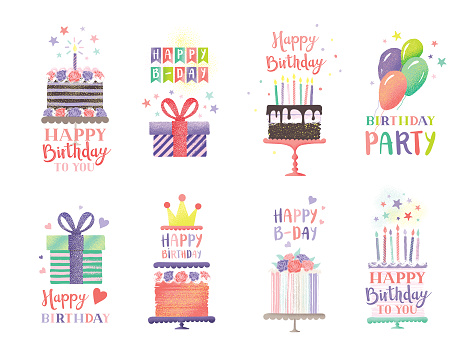 Set of birthday elements for greeting cards, invitations, social media.
Editable vectors on layers.