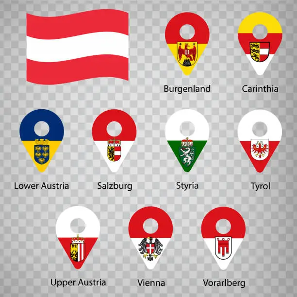 Vector illustration of Nine flags the Provinces of Austria  - alphabetical order with name.  Set of 2d geolocation signs like flags Provinces of Austria.  Nine 2d geolocation signs for your design. EPS10.