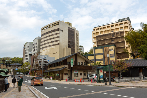 General view of the Dogo Onsen in Matsuyama, Ehime Prefecture, Japan. It is one of Japan's oldest and most famous hot springs. Many Onsen Ryokan Hotels are located in this area.