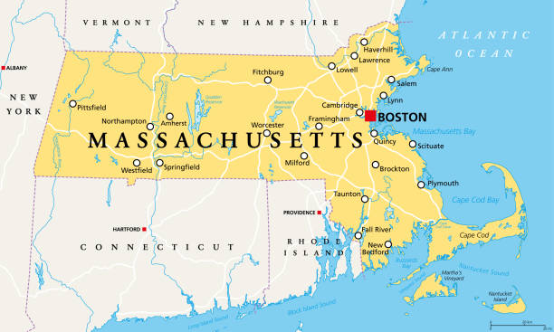 Massachusetts, political map, Commonwealth of Massachusetts, MA Massachusetts, political map with capital Boston. Commonwealth of Massachusetts, MA. Most populous state in the New England region of the United States. The Bay State. English. Illustration. Vector. massachusetts map stock illustrations