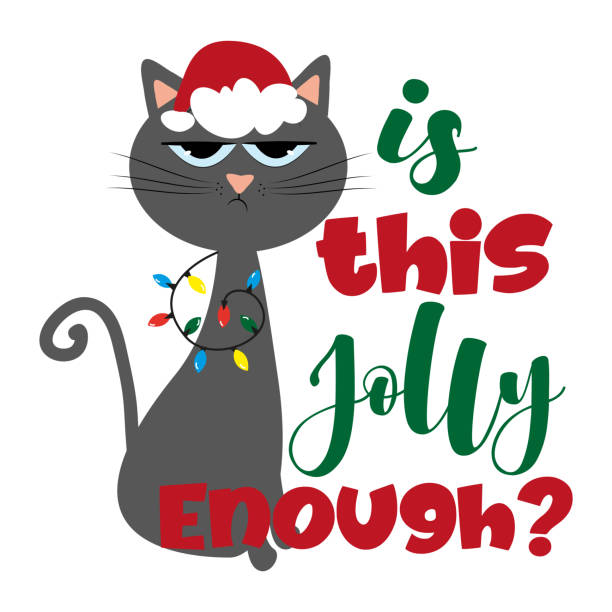 bildbanksillustrationer, clip art samt tecknat material och ikoner med är detta jolly nog?- rolig fras till jul med söt katt i santa mössa. - santa hat