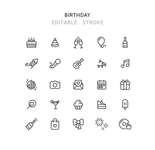 Vector illustration of Birthday Line Icons Editable Stroke