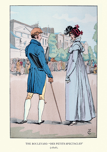 Vintage illustration of Couple walking on the Boulevard des Petits Spectacles, Paris France, 1808