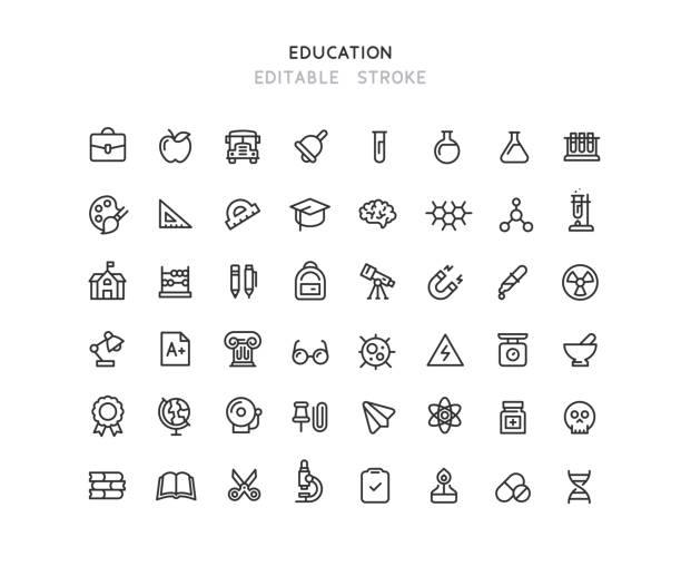 ilustraciones, imágenes clip art, dibujos animados e iconos de stock de colección de iconos de líneas de educación & química trazo editable - college