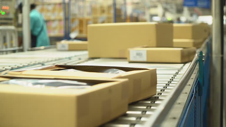 Cartons are being conveyed on a conveyor belt in the industry, applicable to jobs involving online shopping or automation that reduce manual labor. And replaced by machines