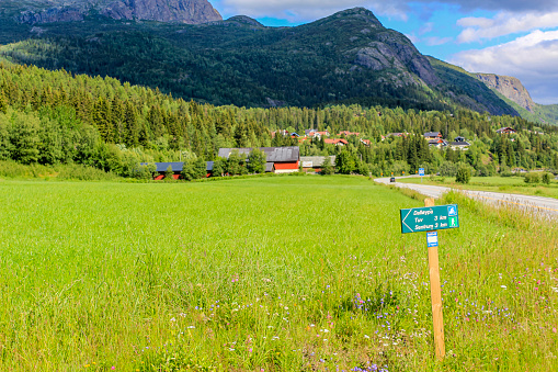 Beautiful road with hiking trails through the landscape of Hemsedal in Viken, Norway.