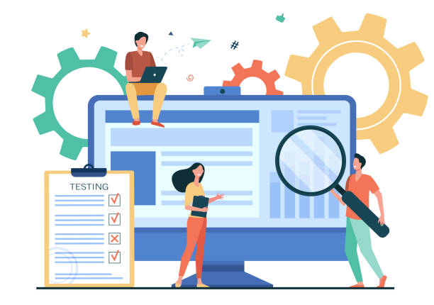 Tiny people testing quality assurance in software Tiny people testing quality assurance in software isolated flat vector illustration. Cartoon character fixing bugs in hardware device. Application test and IT service concept scientific experiment stock illustrations
