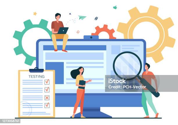 Tiny People Testing Quality Assurance In Software Stock Illustration - Download Image Now - Scientific Experiment, Technology, Computer Software