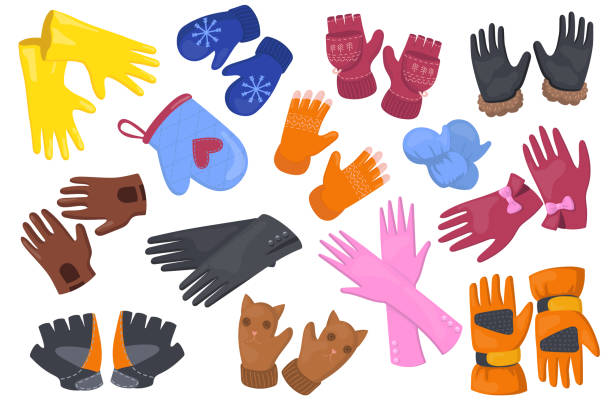 Different gloves flat illustration set Different gloves flat illustration set. Cartoon protective pair of mittens, mitts for hands on white background isolated vector illustration collection. Winter accessories and design concept sports glove stock illustrations