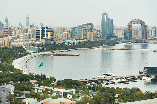 Baku / Azerbaijan - 09-15-2020: Baku city Caspian Sea top view
