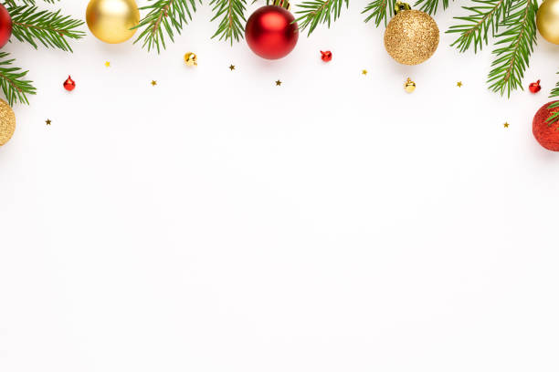 istock Christmas frame with fir tree branches and festive decoration at white background. Christmas flat lay with space for text. 1273070697