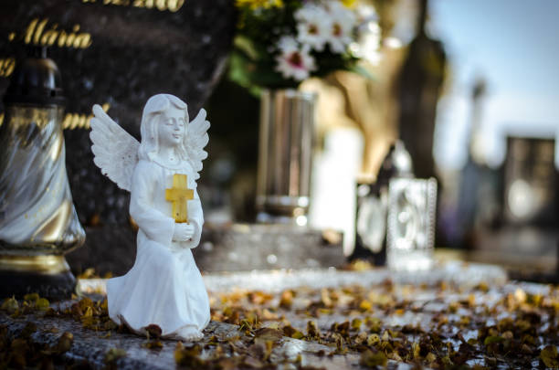아름다운 귀여운 무고한 흰색 천사 - angel praying statue human knee 뉴스 사진 이미지