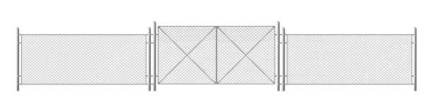 ilustrações de stock, clip art, desenhos animados e ícones de wire fence, grid with gate. three segments fencing - barbed wire wire chain vector