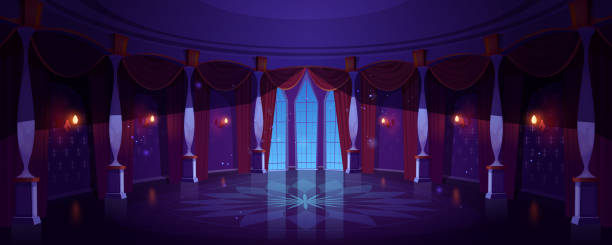 ilustrações de stock, clip art, desenhos animados e ícones de castle ballroom, night empty palace hall interior - house column residential structure fairy tale