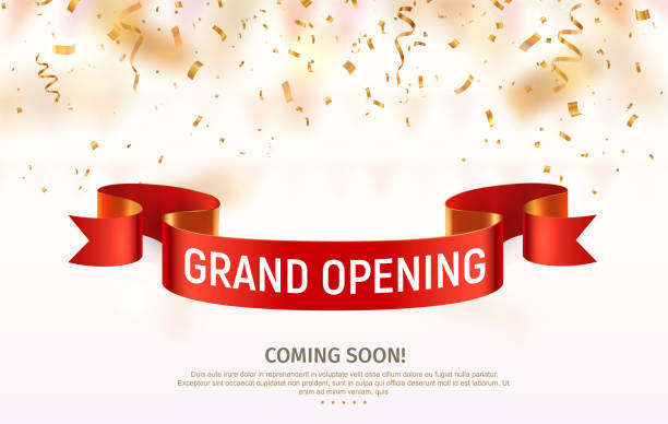 Grand opening vector banner. Celebration of open coming soon light background with red ribbon and confetti Grand opening vector banner. Celebration of open coming soon light background with red ribbon and confetti. opening event stock illustrations