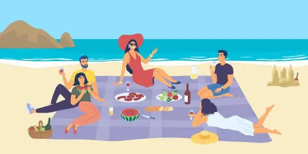 Vector illustration of People enjoying a summer picnic at the seaside