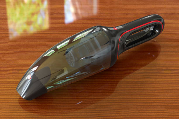 portable vacuum cleaner on the wooden table. 3d rendering - domestic car color image horizontal car imagens e fotografias de stock