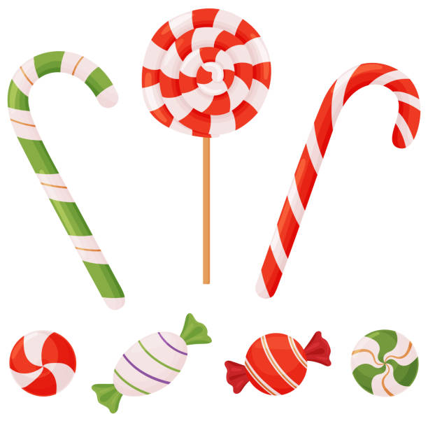 istock Set of vector illustrations with candy cane, hard lollipops and lollipops in a wrapper on a white background. 1273155745