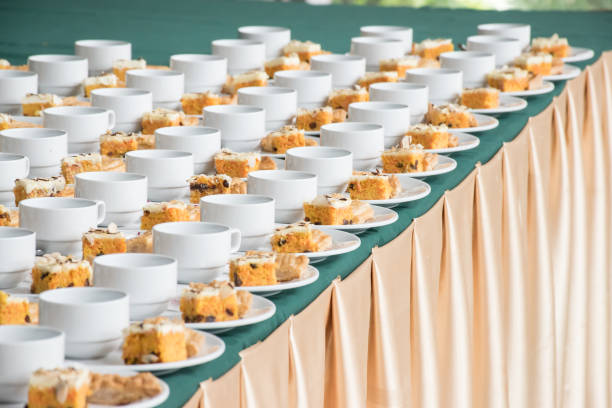 Coffee break at conference meeting. Set of coffee break arranged on the table. stock photo
