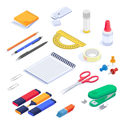 School supplies, stationery isometric vector set. Yellow sticky note pad, protractor, whiteout, pens, pencil, glue stick, scotch tape, pins, scissors, notepad stapler clips markers eraser