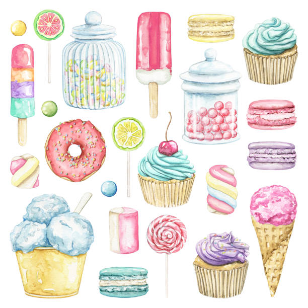 다양한 색의 과자를 곁들인 수채화 빅 세트 - cupcake sugar isolated on white white background stock illustrations