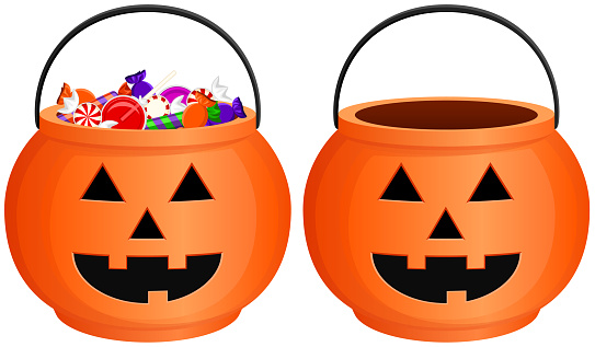 Vector illustration of a jack-o'-lantern style, orange Halloween candy bucket, both full and empty. Each bucket is on its own layer, easily separated from the other in a program like Illustrator, etc. Illustration uses linear gradients and transparencies. Includes AI10-compatible .eps format, along with a high-res .jpg.
