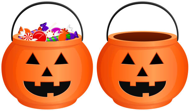 Halloween Candy Bucket Vector illustration of a jack-o'-lantern style, orange Halloween candy bucket, both full and empty. Each bucket is on its own layer, easily separated from the other in a program like Illustrator, etc. Illustration uses linear gradients and transparencies. Includes AI10-compatible .eps format, along with a high-res .jpg. a bucket stock illustrations