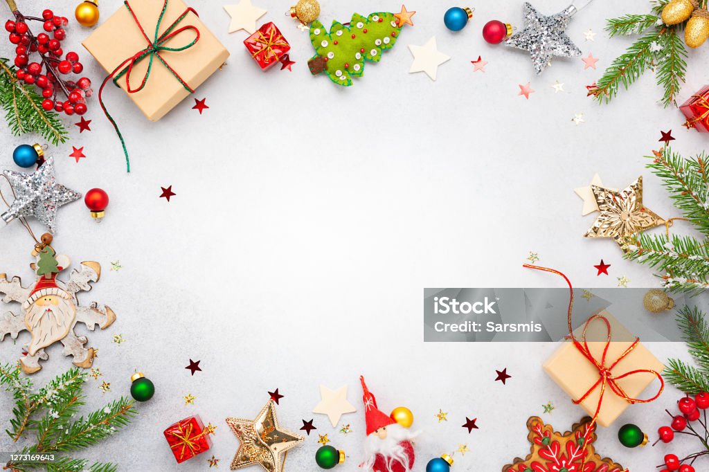 Weihnachten Hintergrund mit Geschenk-Boxen, festliche Dekor, Tannenbaum Zweige - Lizenzfrei Weihnachten Stock-Foto