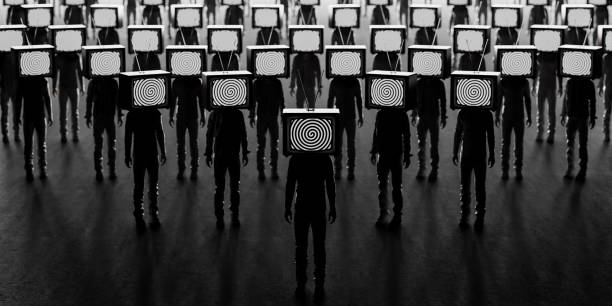 zombie people with an old tv instead of head. mass media addiction. television manipulation and crowd control. brainwashing concept - control imagens e fotografias de stock