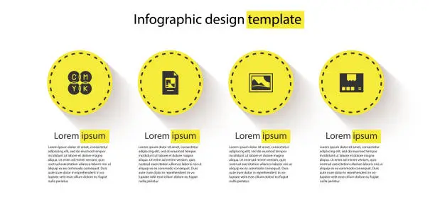 Vector illustration of Set CMYK color mixing, File document, Picture landscape and Carton cardboard box. Business infographic template. Vector
