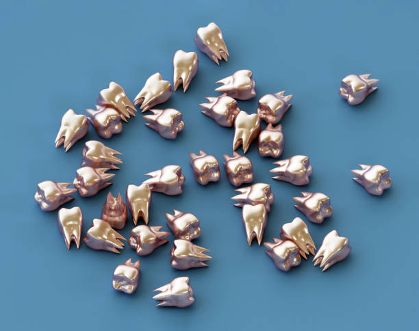 istock Golden teeth, gold crown teeth on blue background. 3d render 1273172221