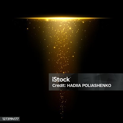 istock Gold glare from dusty upside down. Gold sparkles with gold pieces isolated on black background. Gold shimmery dust with light effect. Vector illustration 1273194177
