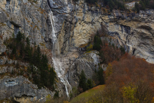 スイスアルプスのラウターブルンネン村での美しい秋の時間、有名なユングフラウへの玄関口。岩の多い崖と轟音が特徴の谷に位置する - jungfrau waterfall tree nature ストックフォトと画像