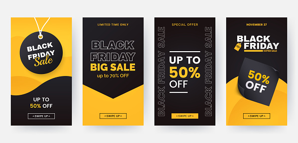 Black friday stories template for social media and mobile app. Sale web banners with geometric shapes in black and yellow colors. Discount flyers design in minimal style. Vector eps 10
