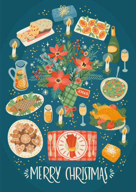 illustrazioni stock, clip art, cartoni animati e icone di tendenza di illustrazione di natale e felice anno nuovo della tavola di natale. pasto festivo - cena natale