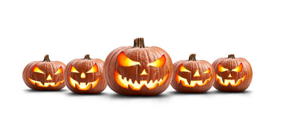 istock A group of five lit spooky halloween pumpkins, Jack O Lantern with evil face and eyes. 1273198211