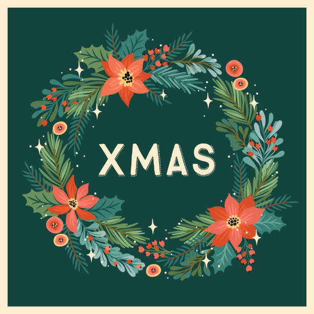Christmas and Happy New Year illustration with Christmas wreath. Christmas and Happy New Year illustration with Christmas wreath. Trendy retro style. Vector design template. christmas-wreath stock illustrations