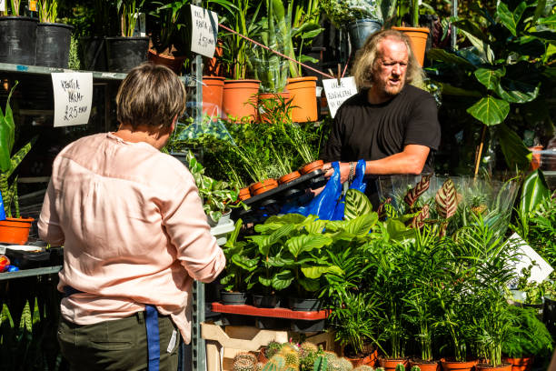 This is a horizontal, color photograph of potted herbs for sale on display at the Old Market Farmers Market in downtown Omaha, Nebraska. Photographed with a Nikon D800 DSLR.