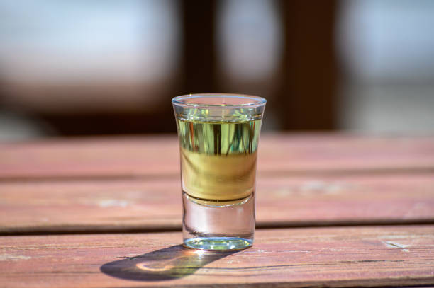 degustação de licor verde-verde muito doce com base em muitas ervas, plantas e flores da abadia de chartreuse nas montanhas alpinas - saint spirit - fotografias e filmes do acervo