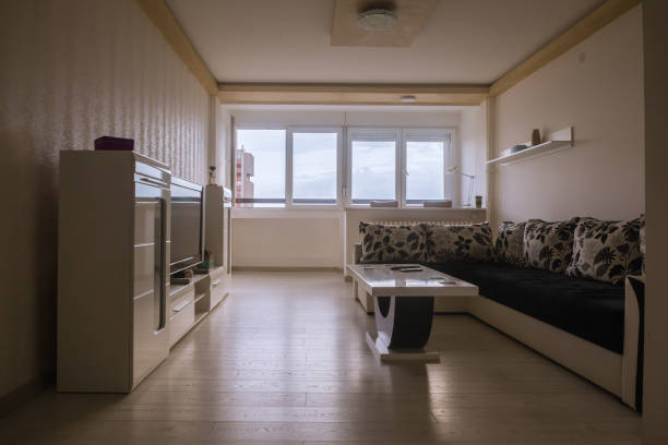 Stylish living room with pine wood floor and kitchen area behind white bookcase