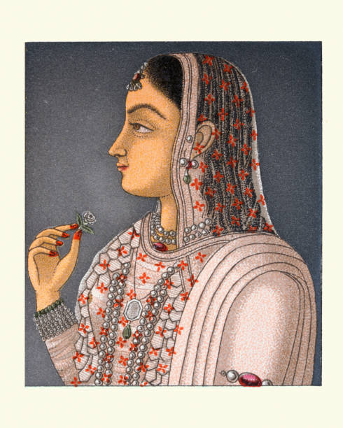 Indian woman of the court of the Mughal emperor Vintage illustration of Indian woman of the Cuurt of the Mughal emperor old indian stock illustrations