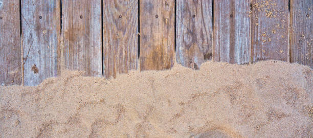 istock Beach sand on wooden planks. Summer background with copy space as top view. 1273209075