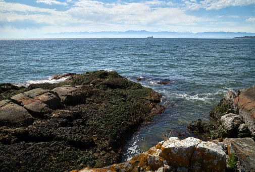 Looking across the Strait of Juan de Fuca at the Olympic Peninsula from Vancouver Island.