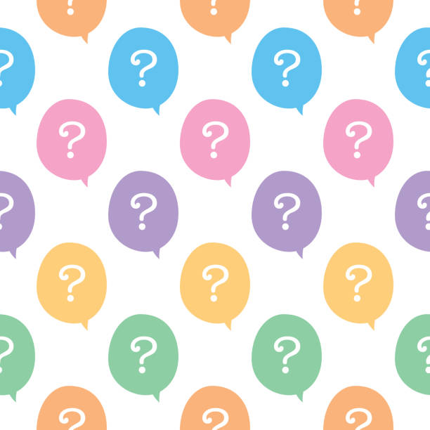 Question Mark Speech Bubbles Seamless Pattern Vector illustration of pastel colored speech bubbles with white question marks in them. interview event patterns stock illustrations