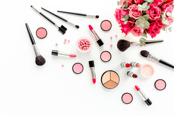 istock Professional decorative cosmetics, makeup tools on white background. Flat composition beauty, fashion. flat lay, top view 1273211804