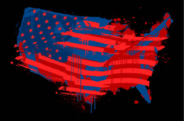 United States distressed flag map illustration Grungy fractured and broken vector map of The USA with the red and blue flag overlayed democratic party usa illustrations stock illustrations