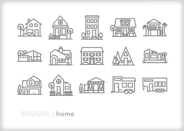 Home icon set Set of 15 home line icons for types of houses, real estate and residences house stock illustrations