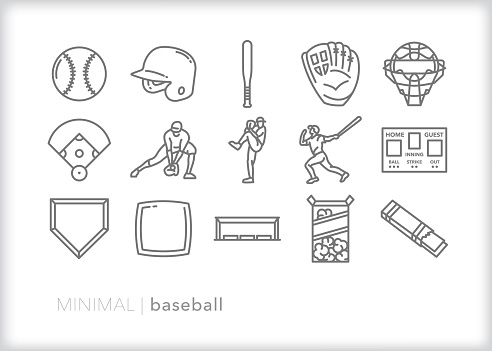 Set of 15 baseball line icons for playing and watching sport