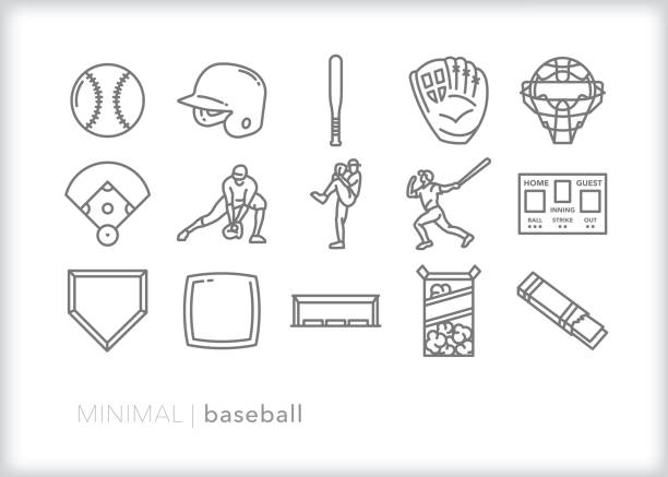 Baseball icon set Set of 15 baseball line icons for playing and watching sport baseball hitter stock illustrations