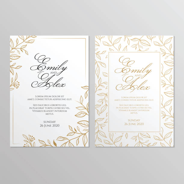 ilustraciones, imágenes clip art, dibujos animados e iconos de stock de tarjeta de invitación de boda con adorno floral. ornamento de oro botánico. ilustración vectorial. - invitación de boda